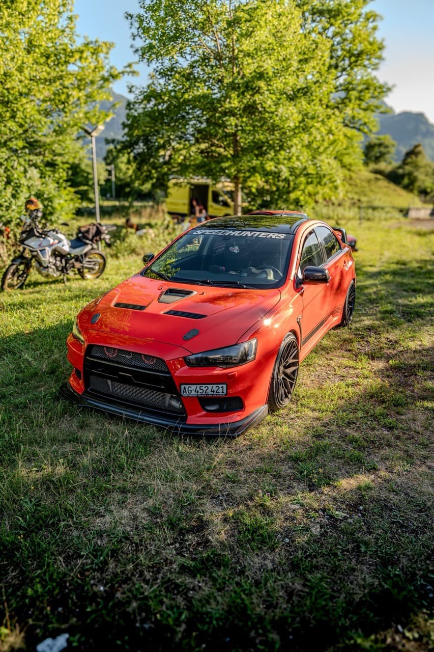 Rotes Auto auf einer Wiese vor Bäumen